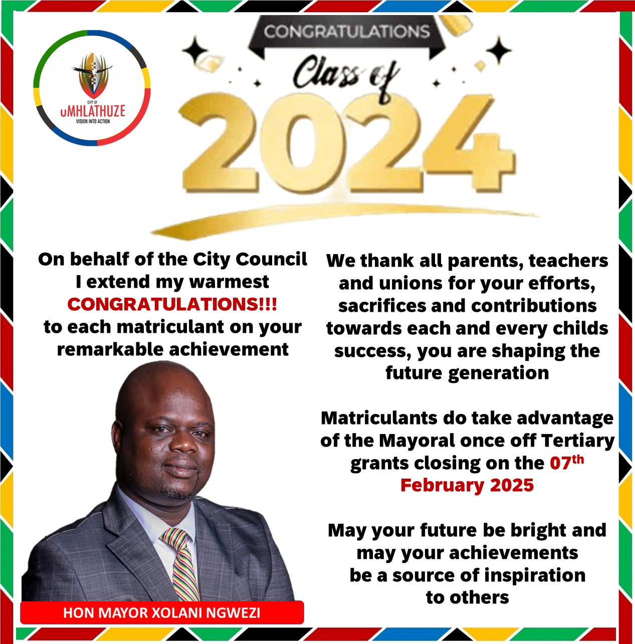 MATRIC WELL WISHES FROM THE MAYOR