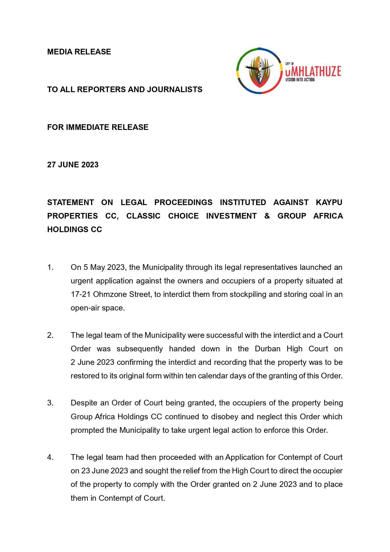 Media Statement on Illegal Stock piling page 0001